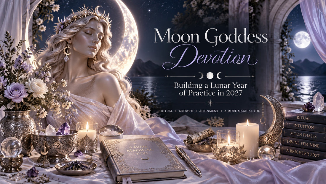 Moon goddess devotion ritual altar with crystals, candles, and lunar symbols for spiritual growth and alignment