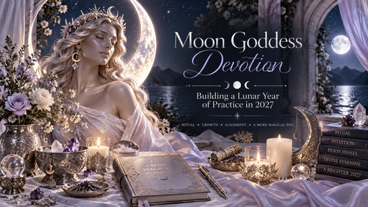 Moon goddess devotion ritual altar with crystals, candles, and lunar symbols for spiritual growth and alignment