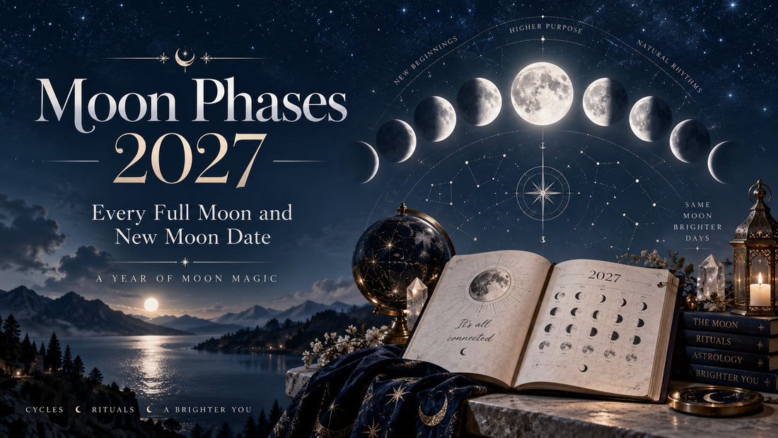Moon phases 2027 calendar with mystical decor, open book, and night sky for lunar inspiration