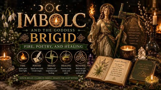 Imbolc celebration altar with Brigid goddess statue, candles, flowers, and healing symbols for fire, poetry, and renewal