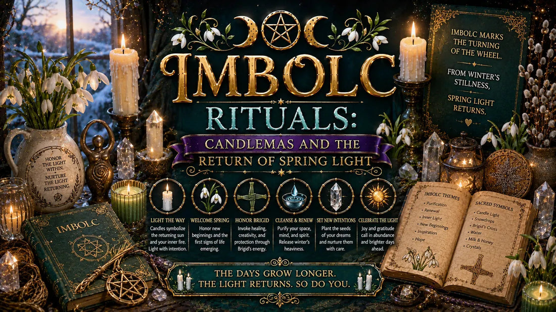 Imbolc rituals with candles, crystals, and spring flowers inspire spiritual renewal and celebrate returning light