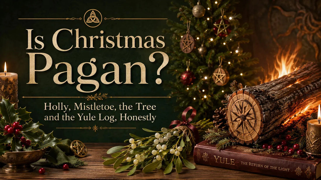 Traditional Christmas symbols with holly, mistletoe, Yule log, and tree exploring is Christmas pagan origins