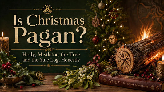 Traditional Christmas symbols with holly, mistletoe, Yule log, and tree exploring is Christmas pagan origins