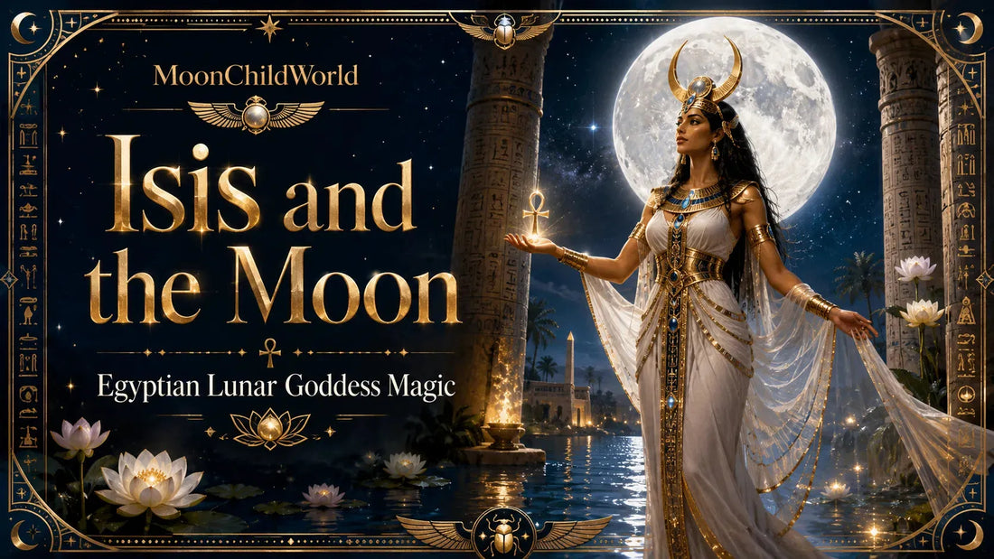 Ancient Egyptian goddess Isis stands by the moonlit Nile, embodying Egyptian lunar goddess magic