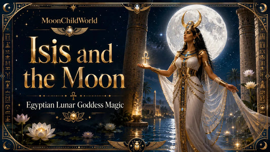 Ancient Egyptian goddess Isis stands by the moonlit Nile, embodying Egyptian lunar goddess magic