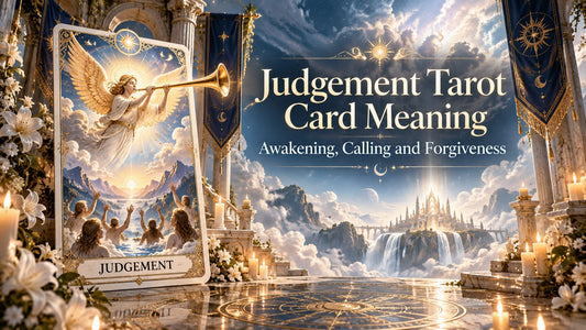 Judgement tarot card meaning banner with the Judgement card on a candlelit altar