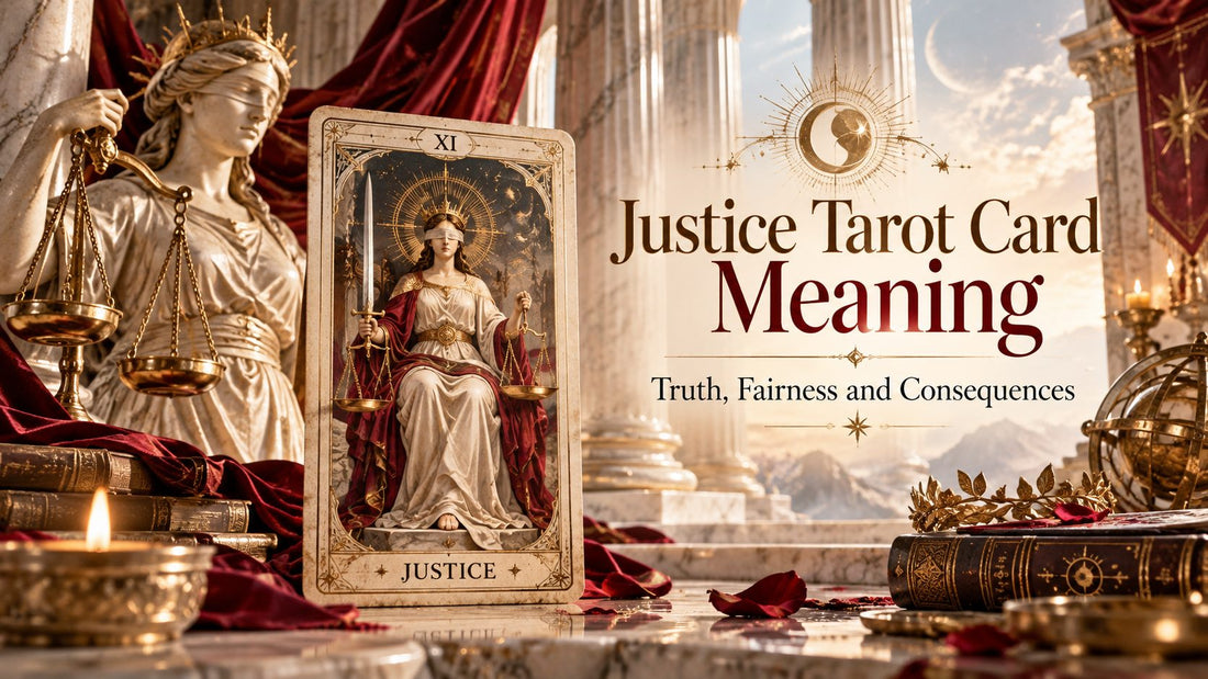 Justice tarot card meaning banner with the Justice card on a candlelit altar