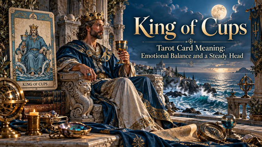 King of Cups tarot card meaning banner with the King of Cups card beside candles and golden cups