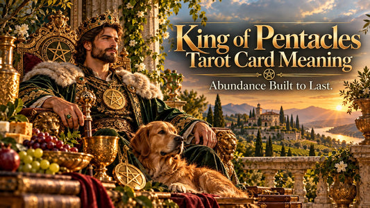 King of Pentacles tarot card meaning banner with the King of Pentacles card in a sunlit scene