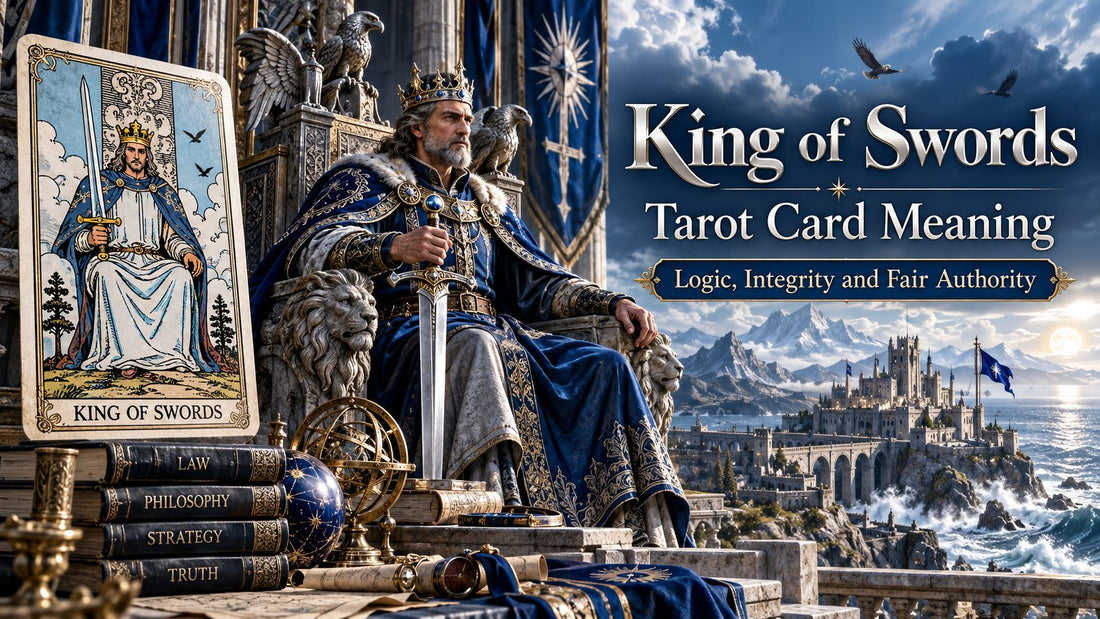 King of Swords tarot card meaning banner with the King of Swords card in a candlelit stone hall