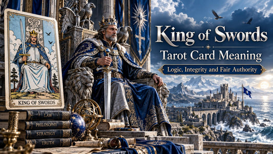 King of Swords tarot card meaning banner with the King of Swords card in a candlelit stone hall