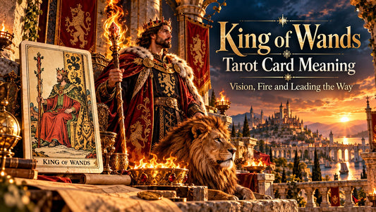 King of Wands tarot card meaning banner with the King of Wands card in a sunlit scene