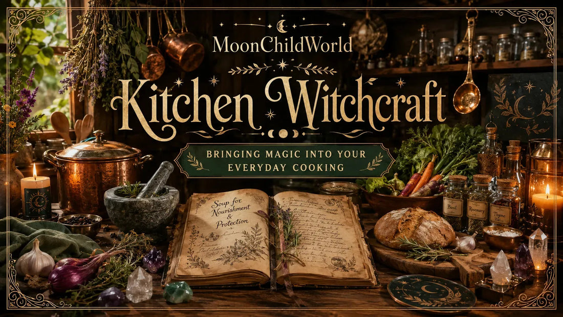 Rustic kitchen witchcraft setup with herbs, crystals, and magical recipes for bringing magic into your everyday cooking