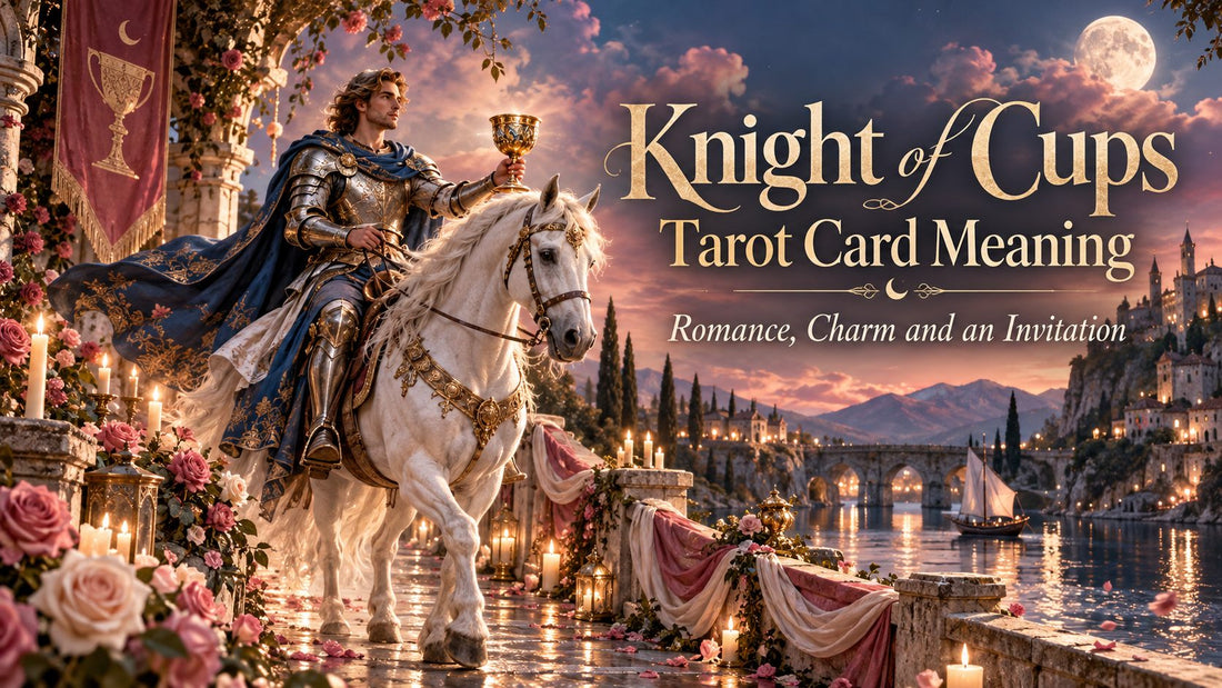 Knight of Cups tarot card meaning banner with the Knight of Cups card beside candles and golden cups