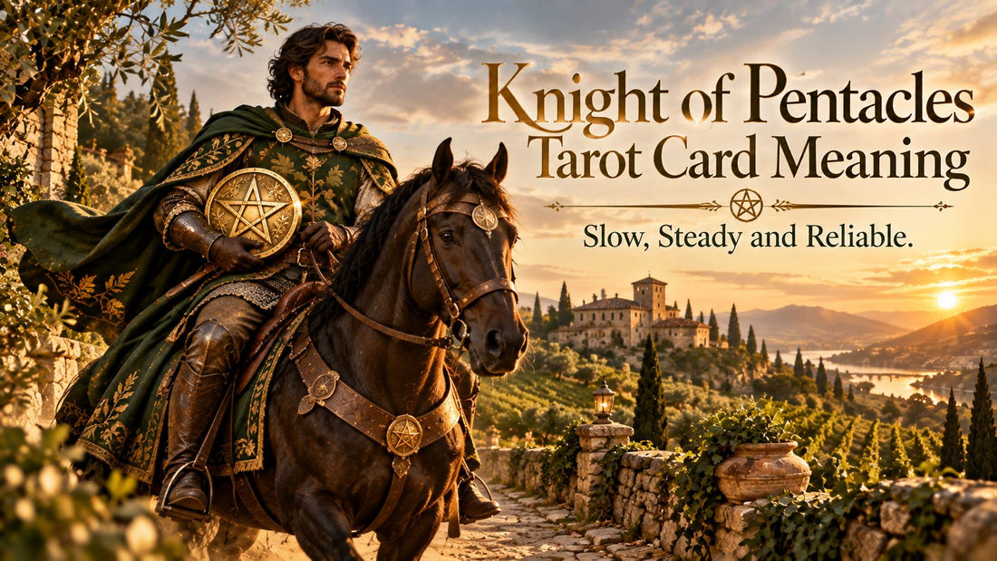 Knight of Pentacles tarot card meaning banner with the Knight of Pentacles card in a sunlit scene