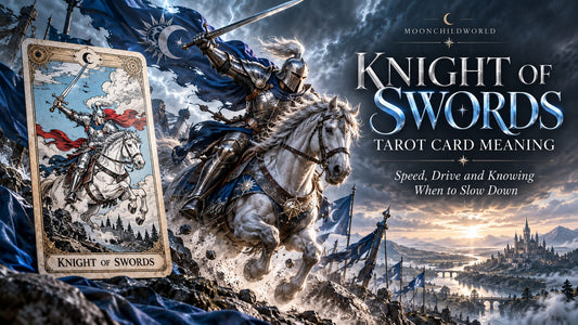 Knight of Swords tarot card meaning banner with the Knight of Swords card in a candlelit stone hall