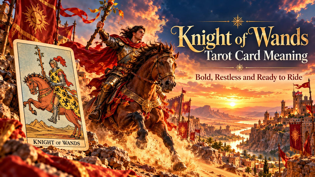 Knight of Wands tarot card meaning banner with the Knight of Wands card in a sunlit scene
