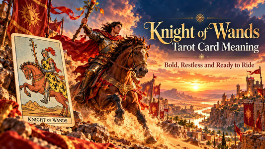 Knight of Wands tarot card meaning banner with the Knight of Wands card in a sunlit scene