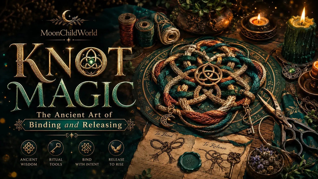 Decorative knot magic tools and ritual candles for practicing the ancient art of binding and releasing