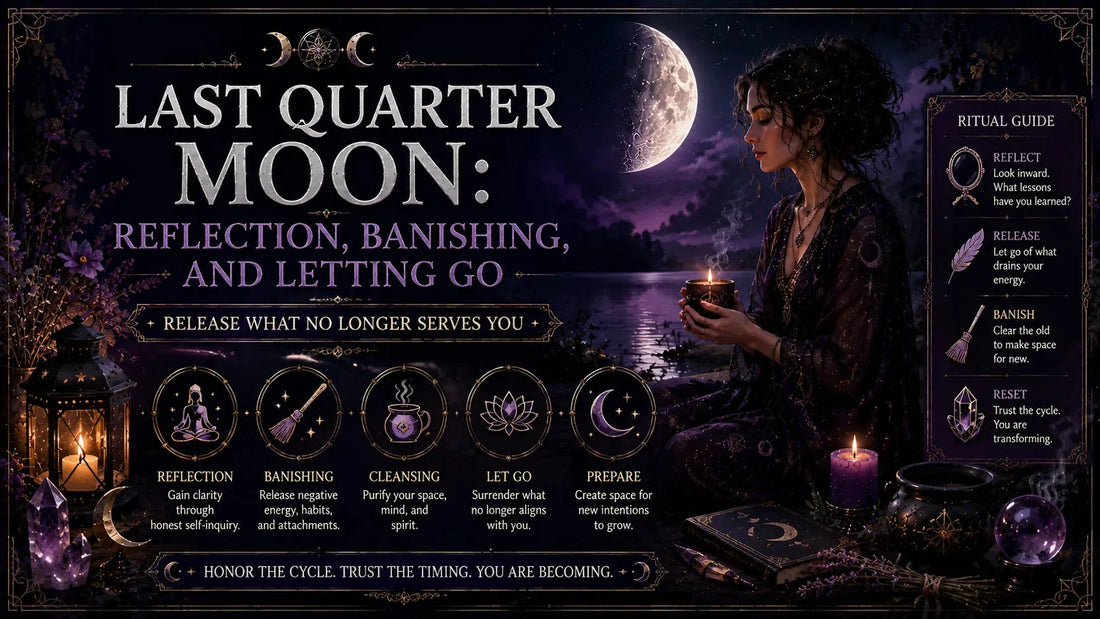 Woman practicing last quarter moon rituals for reflection, banishing, and letting go by candlelight