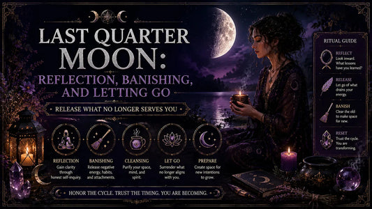 Woman practicing last quarter moon rituals for reflection, banishing, and letting go by candlelight