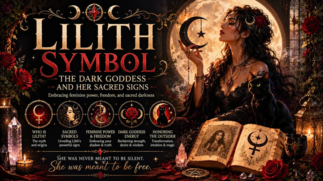 Lilith symbol representing feminine power with mystical woman, black cat, moon, and sacred signs