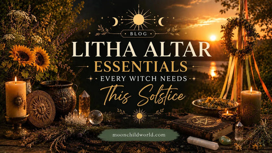 Litha altar with sunflowers, crystals, candles, and fruit celebrating the summer solstice in a magical garden