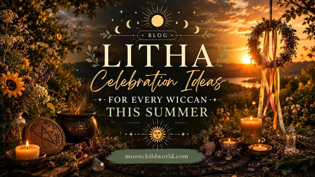 Litha celebration ideas with a sun altar, candles, crystals, sunflowers, and summer solstice decor inspiration