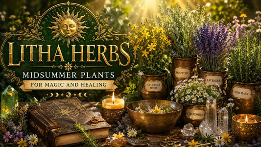 Litha herbs and midsummer plants for magic and healing displayed with candles and crystals