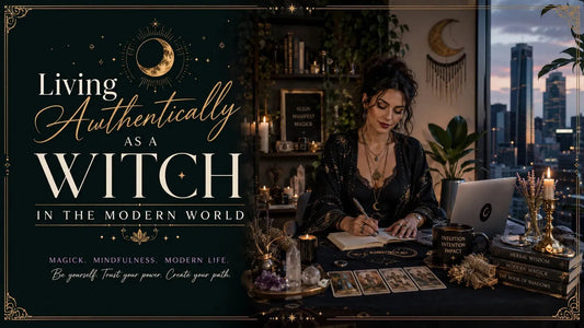 Modern witch practicing authentic living with tarot cards, crystals, and candles in a cozy city apartment