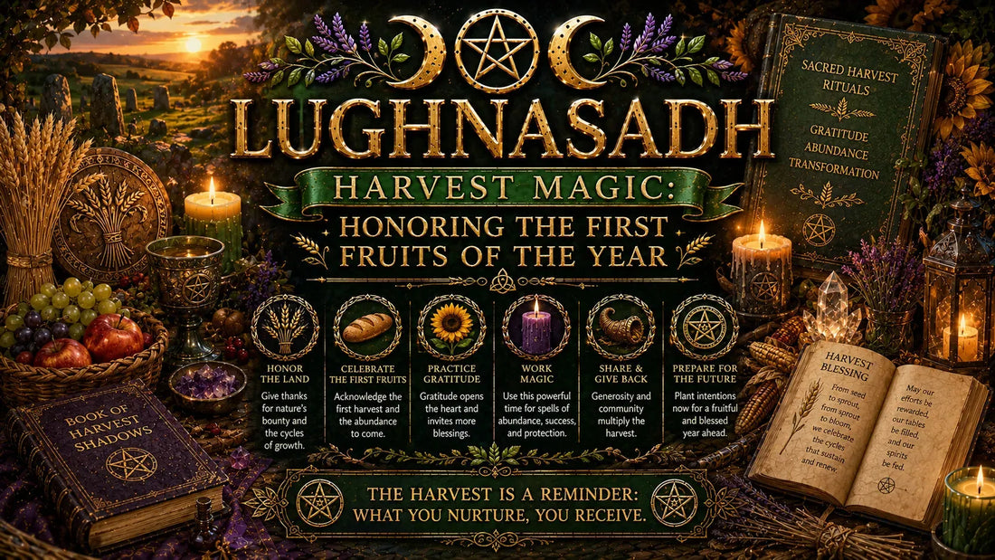 Lughnasadh harvest magic celebration with fruits, bread, candles, and books honoring first fruits of the year