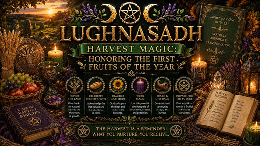 Lughnasadh harvest magic celebration with fruits, bread, candles, and books honoring first fruits of the year
