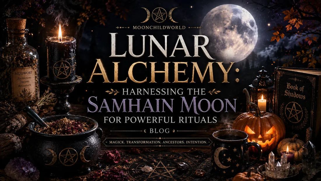 Full moon and witchcraft tools create a mystical scene for lunar alchemy and Samhain rituals inspiration