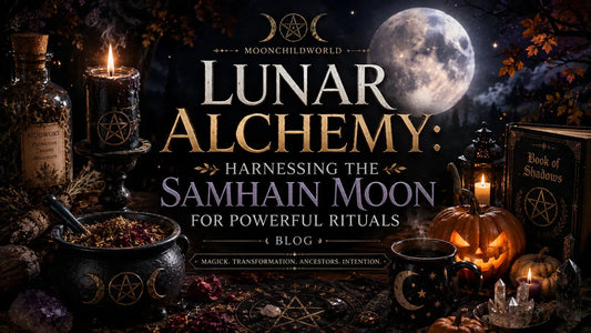Full moon and witchcraft tools create a mystical scene for lunar alchemy and Samhain rituals inspiration