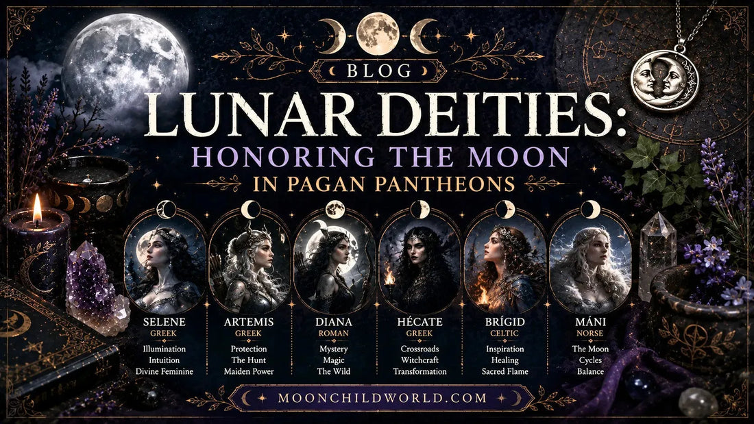 Lunar deities artwork featuring pagan goddesses and moon symbols for honoring the moon in spiritual traditions