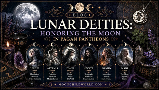 Lunar deities artwork featuring pagan goddesses and moon symbols for honoring the moon in spiritual traditions