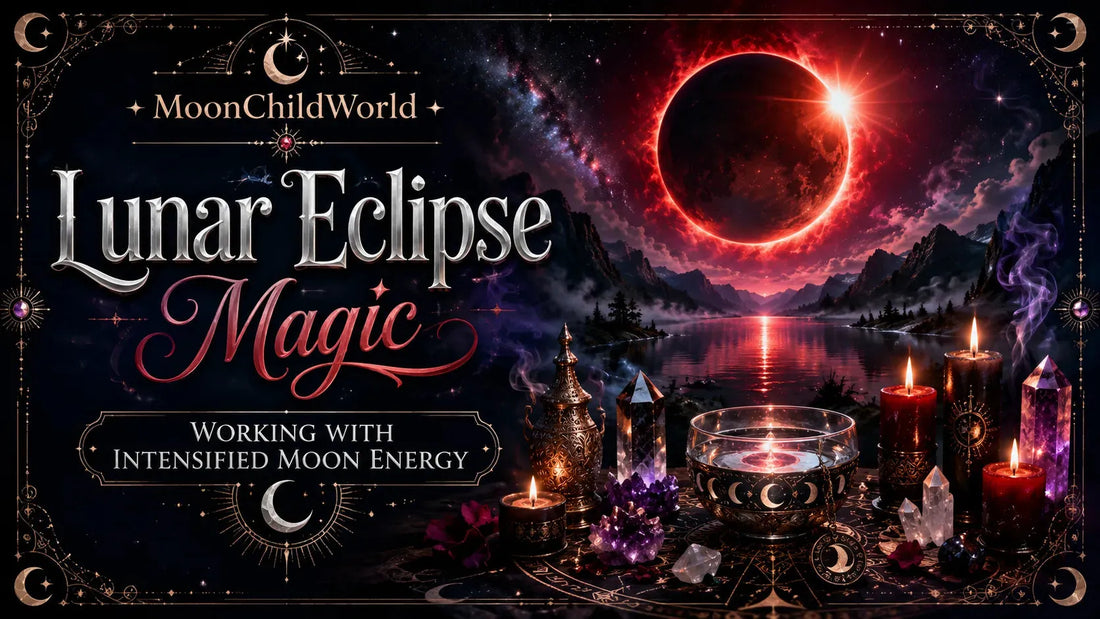 Lunar eclipse magic ritual setup with crystals, candles, and mystical decor under a dramatic red eclipse sky