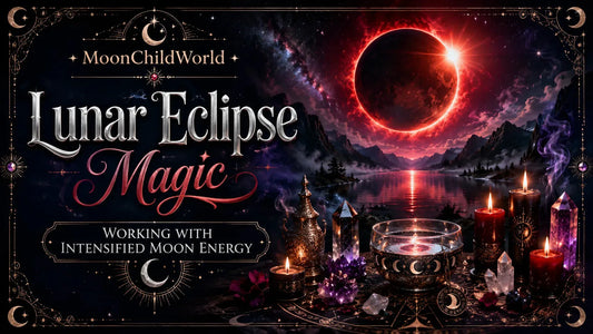 Lunar eclipse magic ritual setup with crystals, candles, and mystical decor under a dramatic red eclipse sky