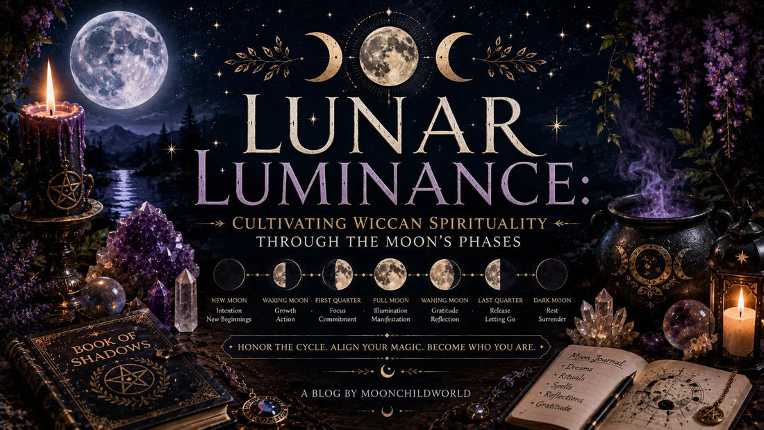 Mystical Wiccan altar with candles, crystals, and moon phases for cultivating lunar spirituality