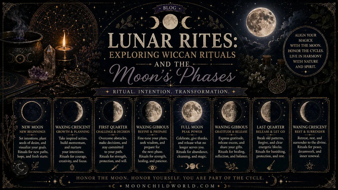Wiccan rituals and the moon’s phases illustrated with mystical symbols, crystals, and candlelight for spiritual inspiration