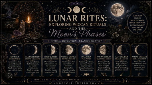 Wiccan rituals and the moon’s phases illustrated with mystical symbols, crystals, and candlelight for spiritual inspiration