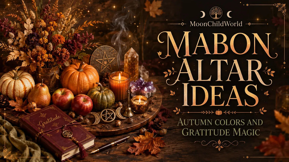 Cozy Mabon altar ideas with autumn colors, pumpkins, candles, and gratitude journal for seasonal inspiration