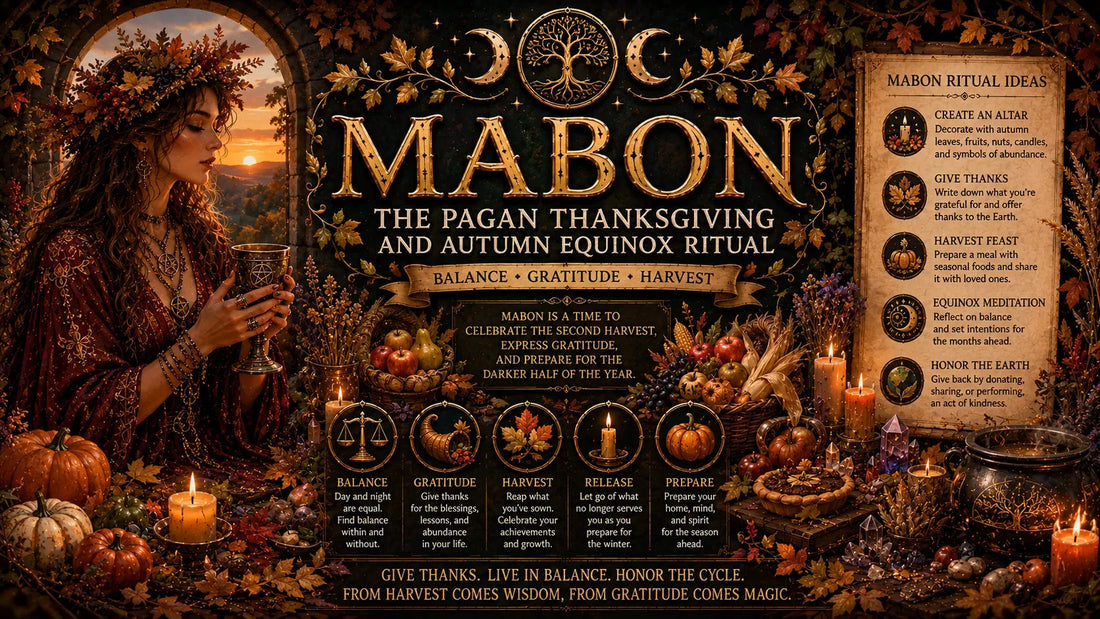 Mabon pagan thanksgiving and autumn equinox ritual table with candles, pumpkins, and seasonal harvest decorations