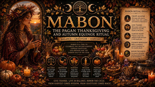 Mabon pagan thanksgiving and autumn equinox ritual table with candles, pumpkins, and seasonal harvest decorations