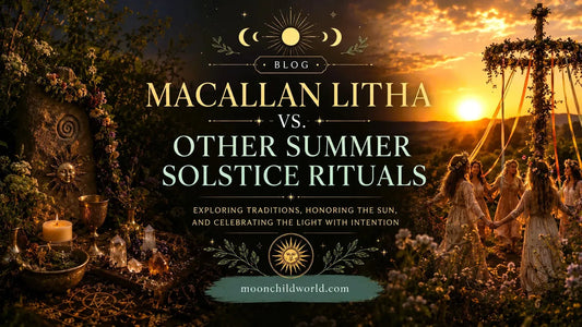 Macallan Litha whisky surrounded by sunflowers, candles, and crystals for a magical summer solstice ritual