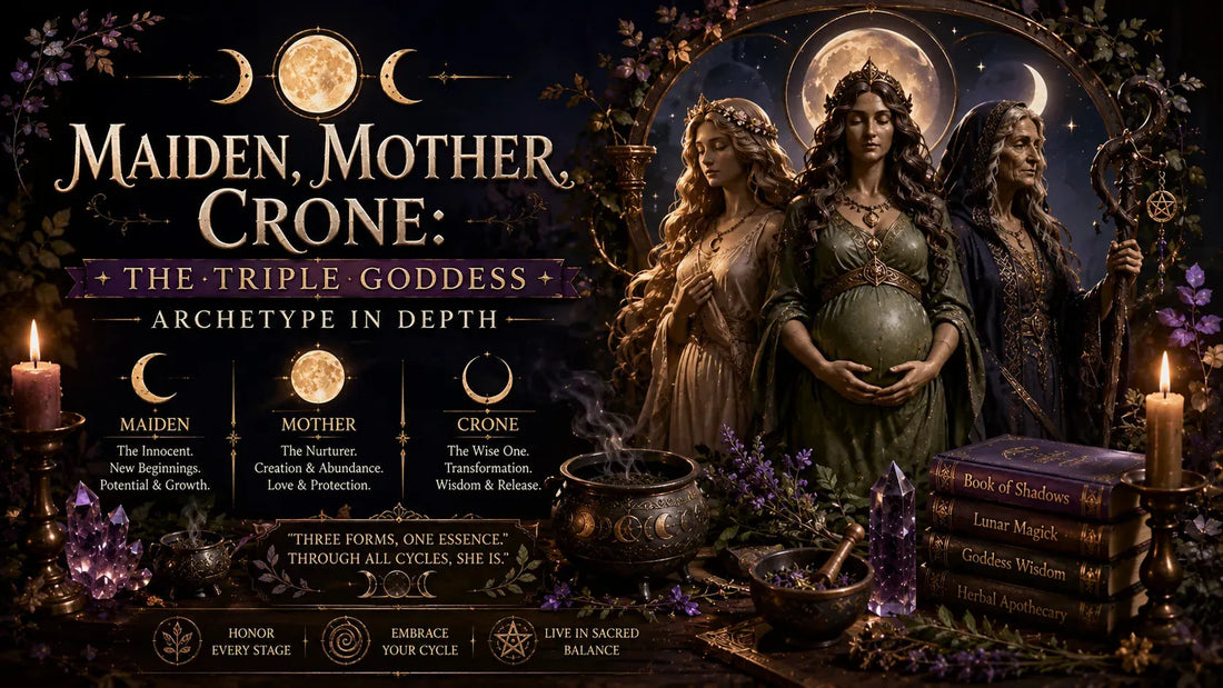 Three women embodying the triple goddess archetype with candles, crystals, and spiritual books in a mystical setting