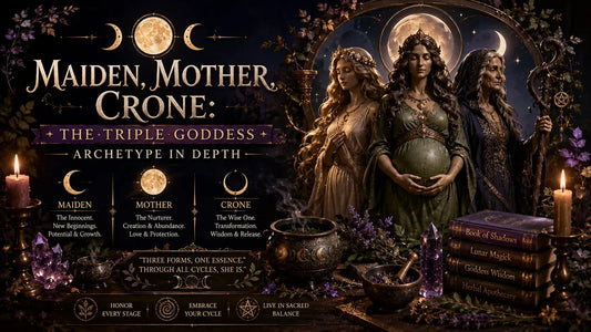 Three women embodying the triple goddess archetype with candles, crystals, and spiritual books in a mystical setting
