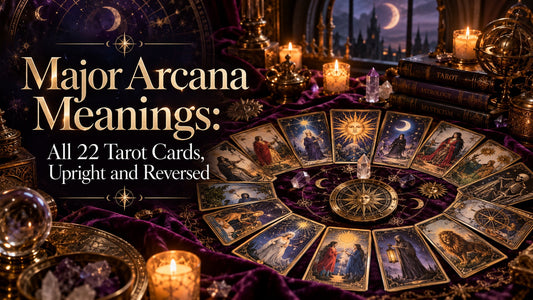 Major Arcana tarot cards laid in a circle on purple velvet with candles, crystals and a crescent moon window