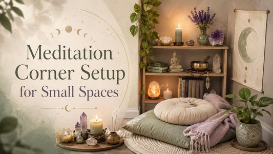 Cozy meditation corner setup for small spaces with cushions, candles, crystals, and calming decor ideas