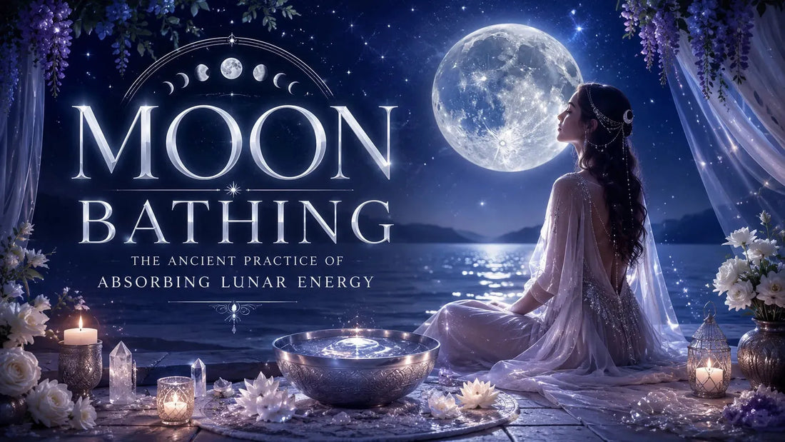 Woman practicing moon bathing by a lake under a full moon, surrounded by candles and flowers